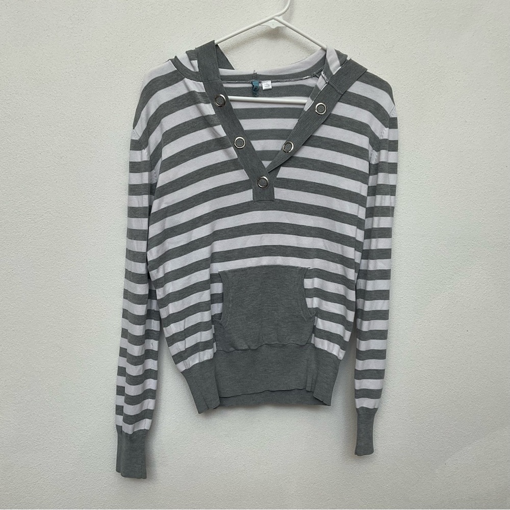 Pow Wow Grey Striped Y2K 2000s Hoodie Size XL Silver Snaps Light Spring Fall
